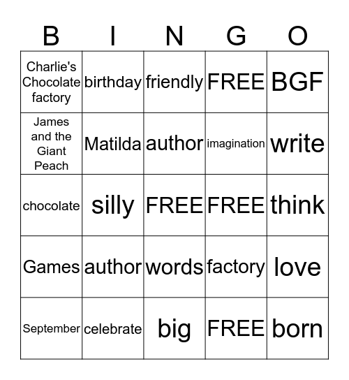 Roald Dahl Day Bingo Card