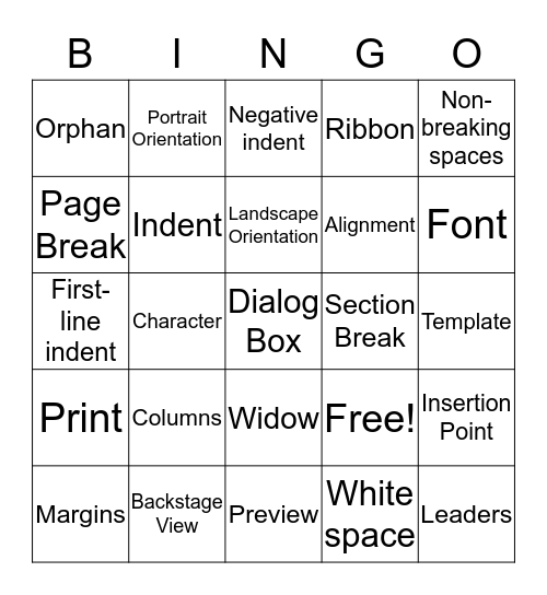 Microsoft Word 2016 Vocabulary Bingo Card