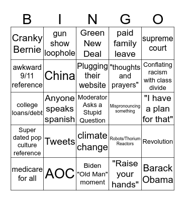 Democratic Debate Bingo Card