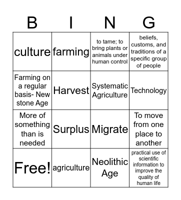 Neolithic Age Bingo Card