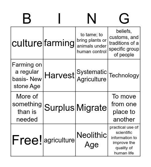 Neolithic Age Bingo Card