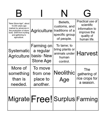 Neolithic Age Bingo Card