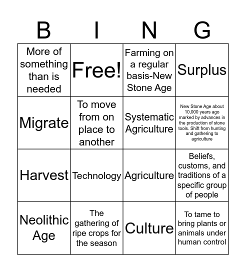 Neolithic Age  Bingo Card