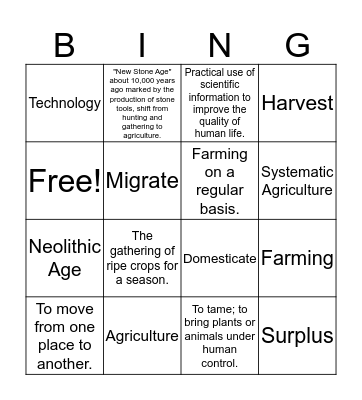 Neolithic Age Bingo Card