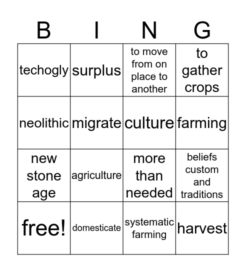 neolithic Bingo Card