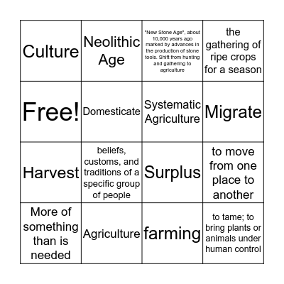 Neolithic Age Bingo Card