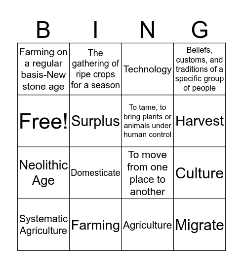 Neolithic Age Bingo Card