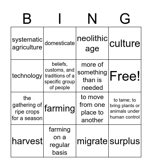 Neolithic age Bingo Card