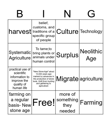 Neolithic Age Bingo Card