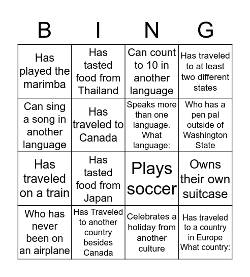 World Traveler Bingo Card
