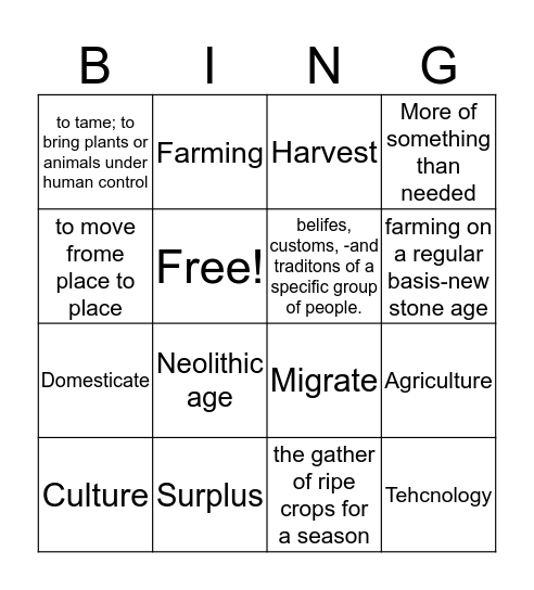 Neolithic age Bingo Card