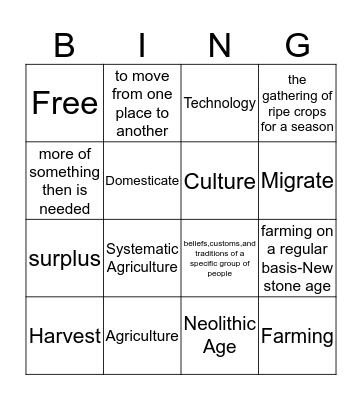 Neolithic Age Bingo Card