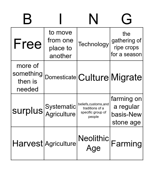 Neolithic Age Bingo Card