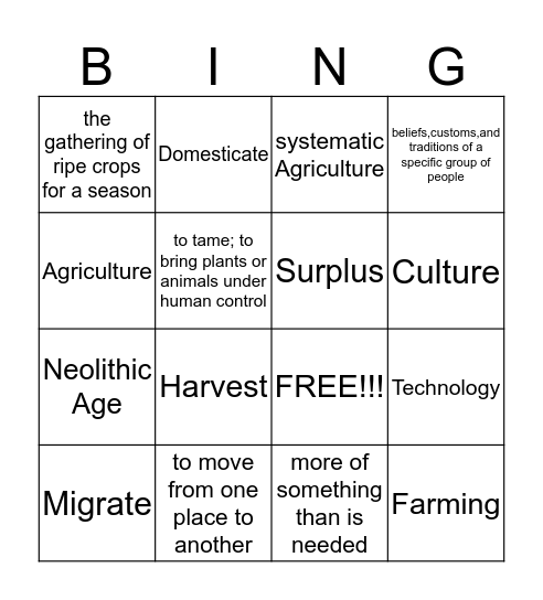 Neolithic Age Bingo Card