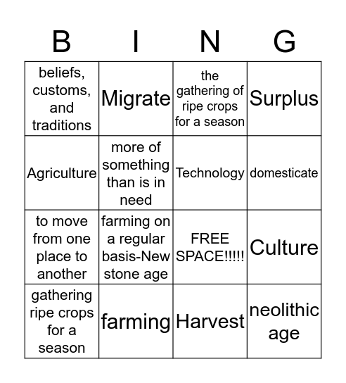 Neolithic age  Bingo Card