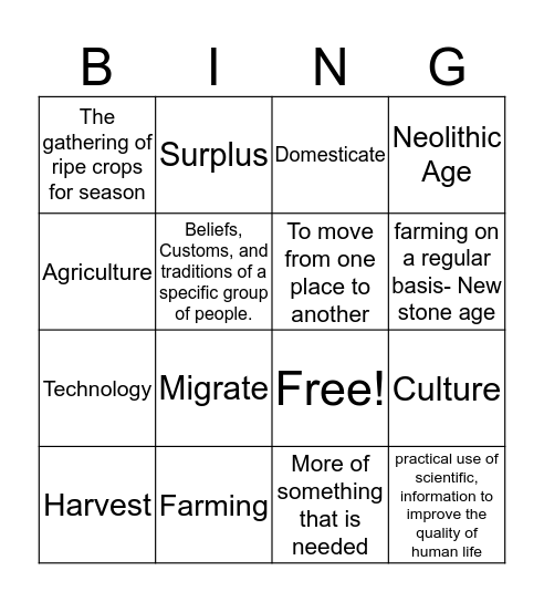 Neolithic Age Bingo Card