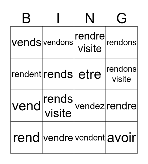 regular -er verbs Bingo Card