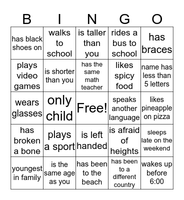 Classmate Bingo Card