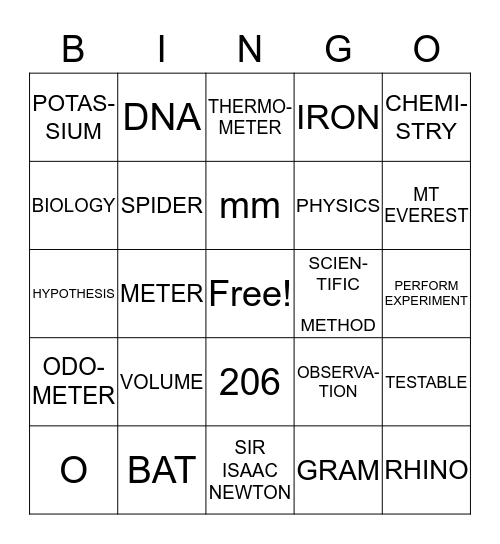 SCIENCE BINGO Card