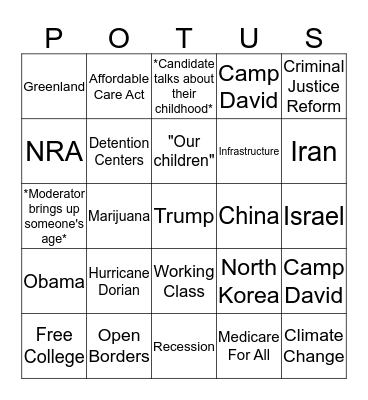 Democratic Debate Bingo Card