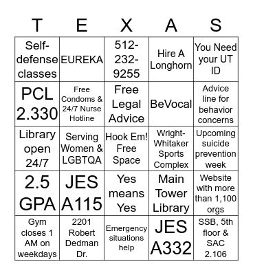 THE UNIVERSITY OF TEXAS AT AUSTIN Bingo Card