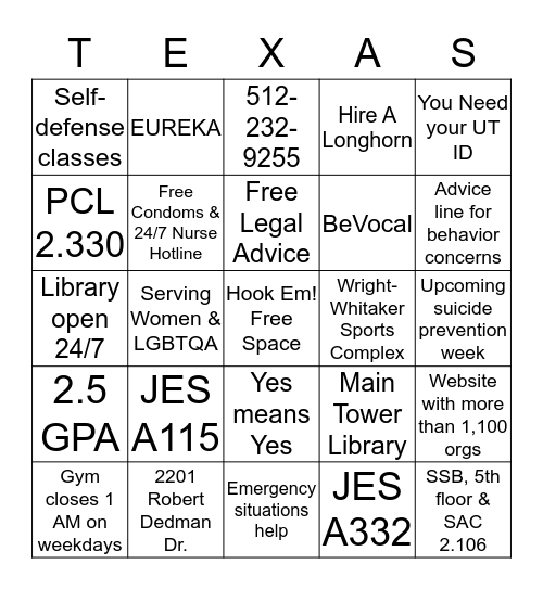 THE UNIVERSITY OF TEXAS AT AUSTIN Bingo Card