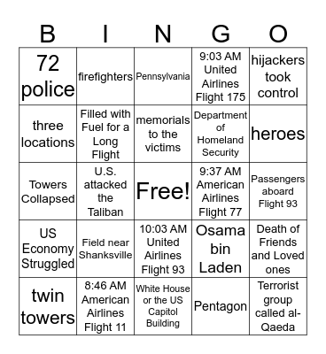 Remembering 9/11 Bingo Card