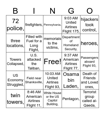 Remembering 9/11 Bingo Card