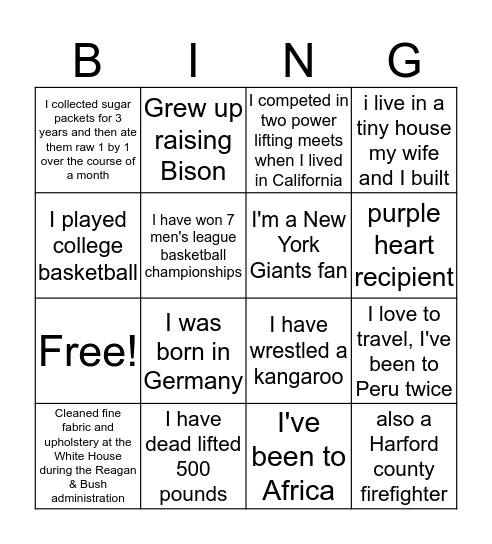 New Hire Bingo Card