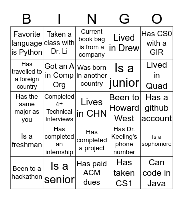 ACM Networking Bingo Card