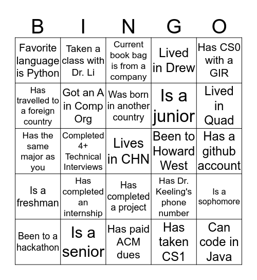 ACM Networking Bingo Card