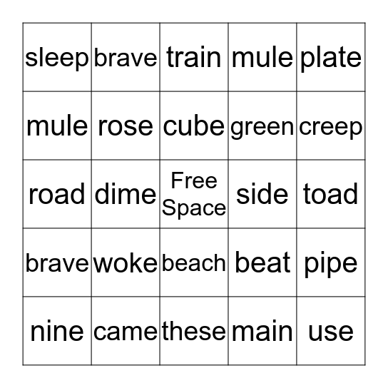 CVVC and CVCe words Bingo Card
