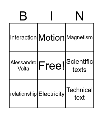 Vocabulary  Bingo Card