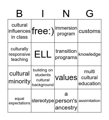 Student Diversity Bingo Card