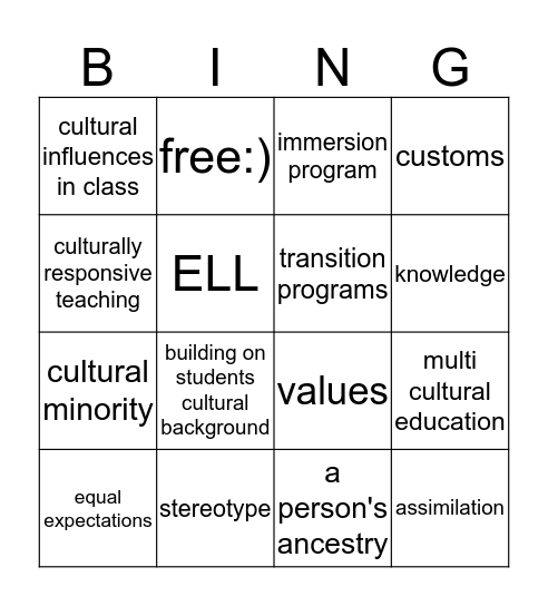 Student Diversity Bingo Card