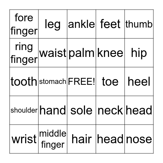 Human Body Bingo Card