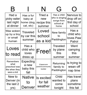 Back to School Night Bingo Card