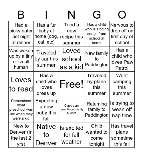 Back to School Night Bingo Card