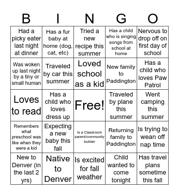 Back to School Night Bingo Card