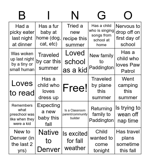 Back to School Night Bingo Card