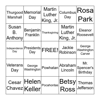 Famous American Citizens and Holidays Bingo Card