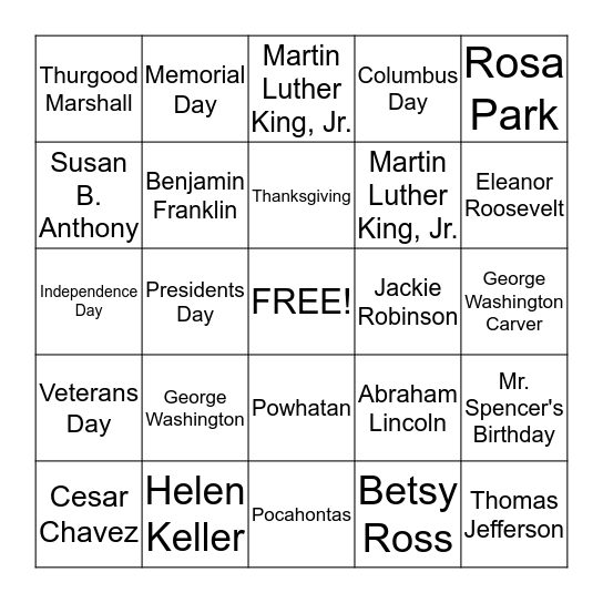 Famous American Citizens and Holidays Bingo Card