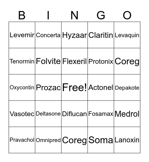 Brand & Generic Bingo Card