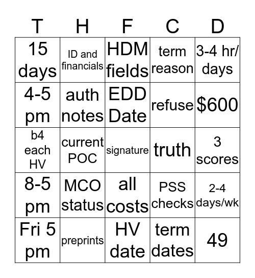 Time frame  before Hv   before Fax   Crrs   Don/Pocnf Bingo Card