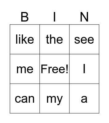 Sight Words Bingo Card
