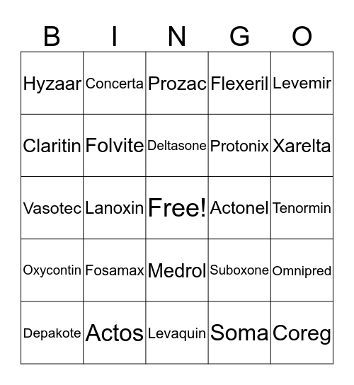 Brand & Generic  Bingo Card