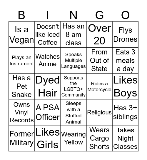 Pride Student Association's GBM Bingo Card