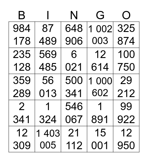 Large Numbers Bingo Card