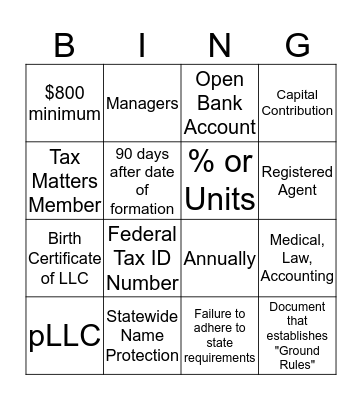 LLC Bingo Card
