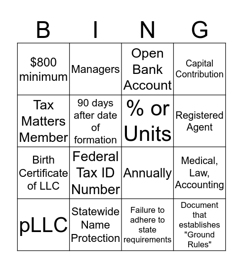 LLC Bingo Card